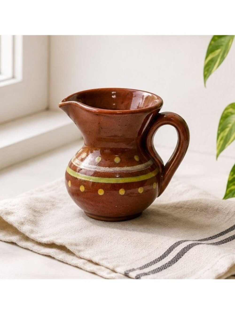 Hand-Painted Vintage Ceramic Pitcher Brown With Yellow Polka Dots & Stripes 3.5"